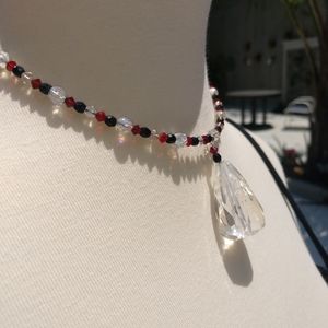 RED&BLACK Necklace of crystals on flexible wire with 2" Clear Crystal drop
